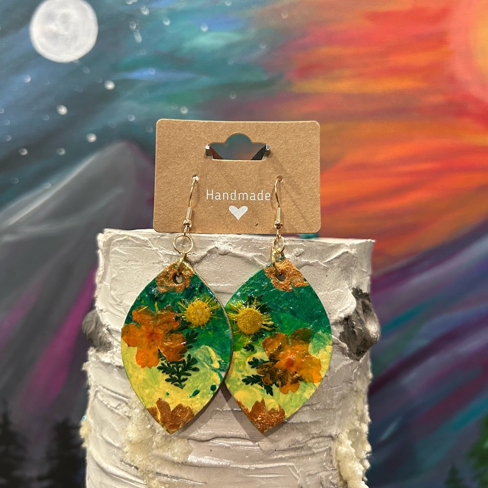 Handmade Green and Orange Leaf Earrings